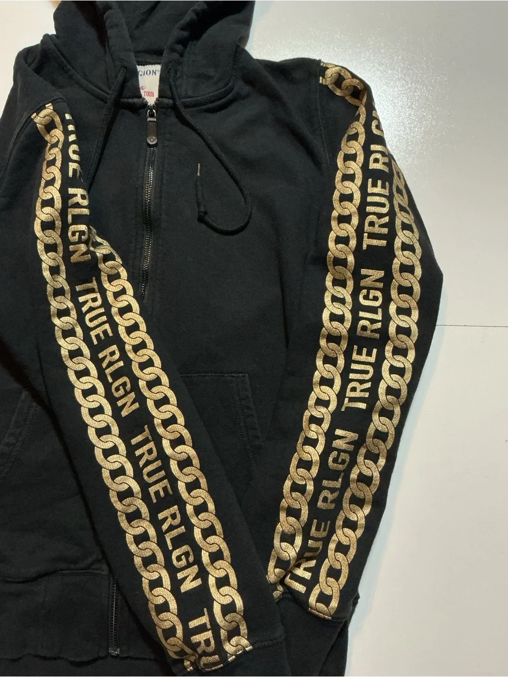 True Religion World Tour Gold Chain Link Fashion Black Full Zip Hoodie